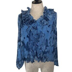 Ganni Womens Blouse Size 34 Blue Pleated Georgette Ruffle Floral V Neck